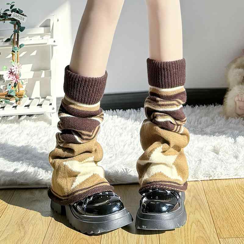 レッグカバー レディース ソックス Y2K サブカル レッグウォーマー パイルソックス ニットソックス フレア 美脚 細見え ミドル丈 星柄 ボーダー ブラウン グレー