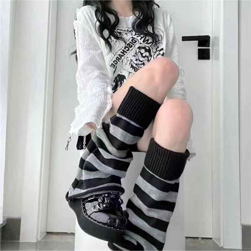 レッグカバー レディース ソックス Y2K JK サブカル かわいい レッグウォーマー パイルソックス ニットソックス フレア 美脚 細見え ロング丈 ボーダー ブラック ホワイト