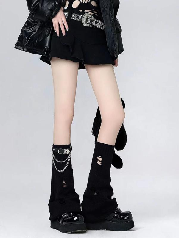 レッグカバー レディース ソックス Y2K サブカル パンク レッグウォーマー ニットソックス ダメージ加工 チェーン レザーバックル ミドル丈 ブラック ホワイト