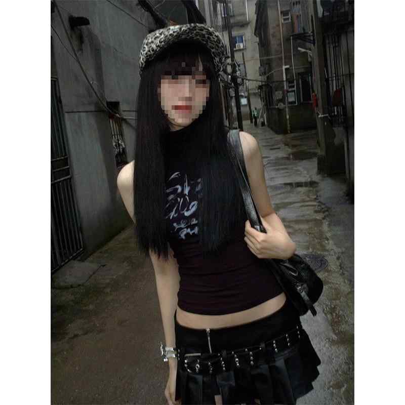 タンクトップ レディース ハイネック ノースリーブ スリム タイトフィット Y2Kファッション 黒 大人カジュアル スタイリッシュ カジュアル トップス 夏 クロップド丈