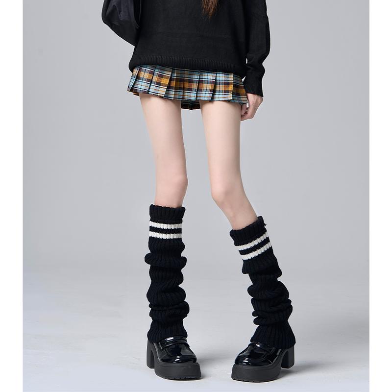 レッグカバー レディース ソックス 秋冬 Y2K サブカル レッグウォーマー パイルソックス ニットソックス 厚手 暖かい 美脚 細見え ミドル丈 ボーダー ブラック ベージュ グレー