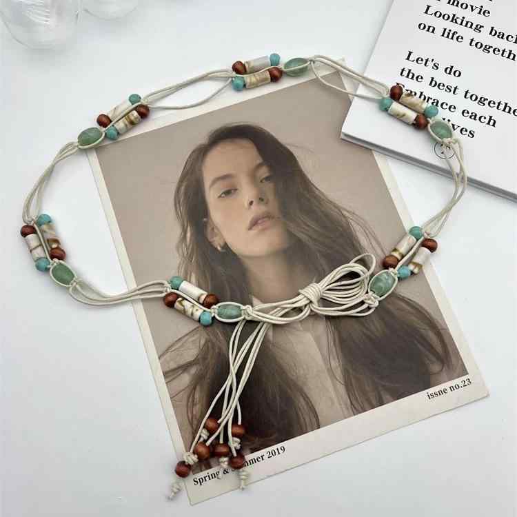 腰チェーン レディース ボヘミアン Y2K 民族風 エスニック 貝殻 シェル 編み込み カラフルビーズ 珠 プラスチック製 杏色 スカート ワンピース 春夏秋