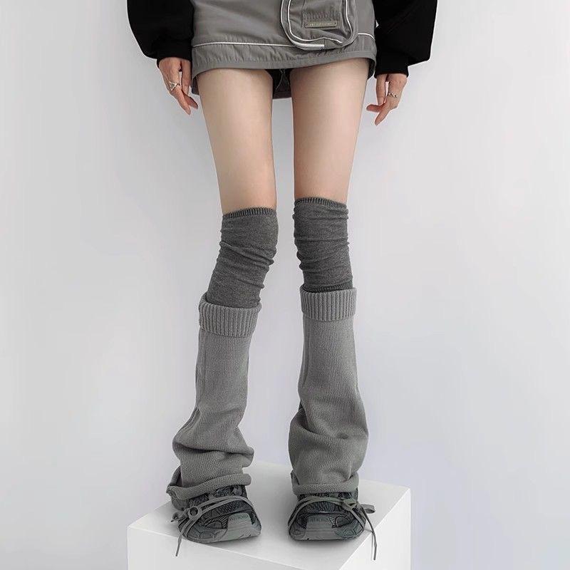 レッグカバー レディース ソックス オールシーズン Y2K サブカル パイルソックス ニットソックス ワイドフレア 美脚 細見え シェイプアップ 膝上 ロング丈 ホワイト ブラック グレー