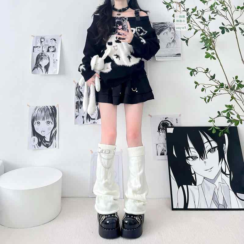 レッグカバー レディース ソックス 秋冬 Y2K サブカル レッグウォーマー ニットソックス ウール ワイドレッグ スパイシーガール ニーハイ 保温 ホワイト ブラック