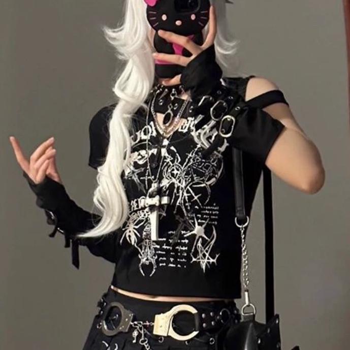 Full Wigs （Male） - tシャツ レディース 夏 斜め襟 半袖 y2k サブカル パンク 大きいサイズ トップス ファッション ブラック