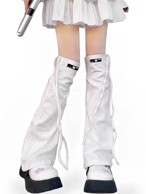 レッグカバー レディース ソックス Y2K サブカル レッグウォーマー パイルソックス フレアソックス ドローストリング 美脚 細見え ミドル丈 ホワイト ブラック