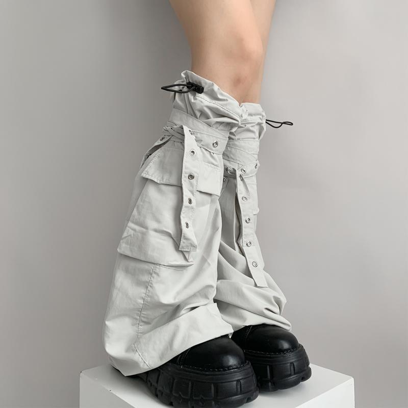 レッグカバー レディース Y2K サブカル JK レッグウォーマー ワイドフレア ドローストリング ポケット付き ミドル丈 グレー ブラック カーキ