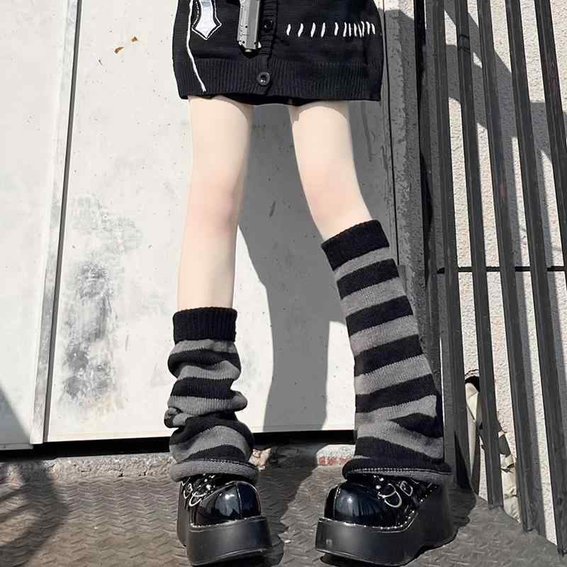 レッグカバー レディース 秋冬 Y2K サブカル ガーリー レッグウォーマー パイルソックス ワイドレッグ 美脚 細見え シェイプアップ ミドル丈 ボーダー ブラック ホワイト