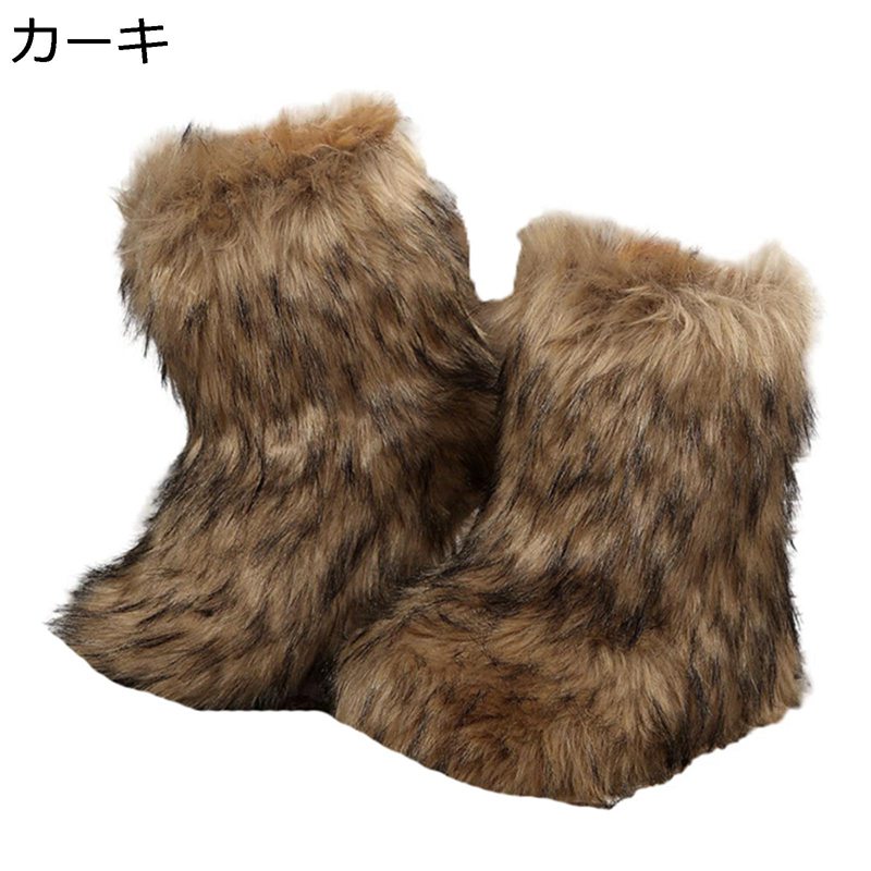 フェイクファーブーツ 雪遊び 毛皮ブーツ ミドルブーツ メンズ レディース y2k もこもこ 中ボア 雪靴 ウォーキング 室外 通勤 冬物 男女兼用 防寒靴 防滑 ゆったり カジュアル レジャー 旅行 雪道