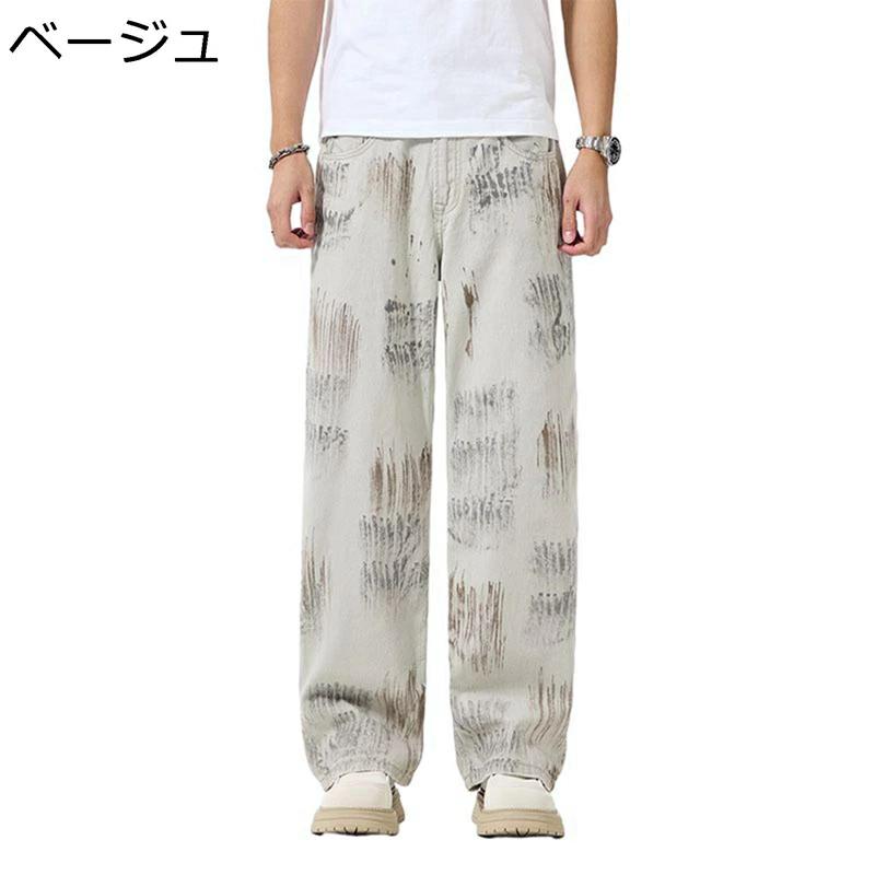 Rakuten - メンズ デニムパンツ 落書き 4XL ワイドパンツ 大きいサイズ リラックス ロングパンツ ストリート系 原宿系 地雷系 アメカジ Y2K ジーンズ gパン 春夏秋着 オシャレ リラックス 柔らかい 薄手 耐摩耗性 街着