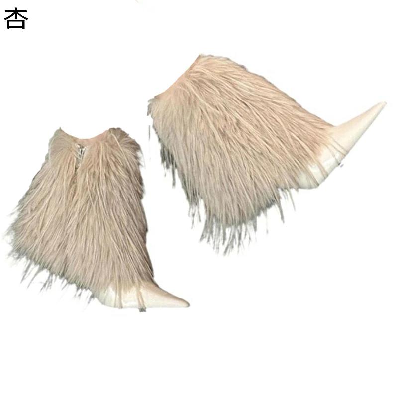 フェイクファー 狐の毛 タヌキの毛皮 ハイカット ポインテッドトゥ レディース ピンヒール 7cm サイドジップ 裏ファー ミドル丈 大きいサイズ 裏起毛 フリース 歩きやすい おしゃれ セクシー