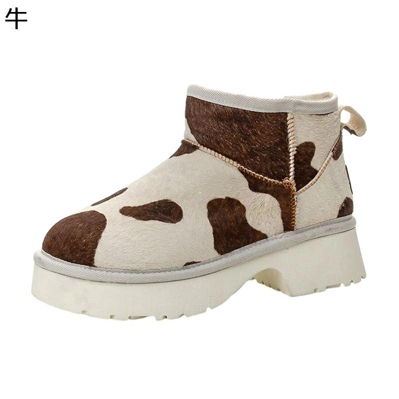 ムートンブーツ 牛柄 フェイクファー レディース タヌキの毛皮 ショート丈 スリッポン ボア ウインターブーツ 裏ファー カジュアル 裏起毛 フリース 歩きやすい 通勤 アウトドア おしゃれ 厚底