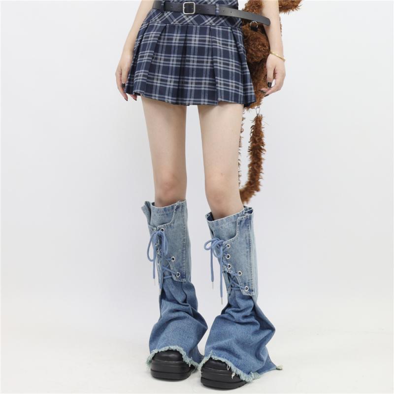 レッグカバー レディース ソックス Y2K サブカル レトロ レッグウォーマー デニム グラデーション ストラップ フレア 膝 ブルー グレー