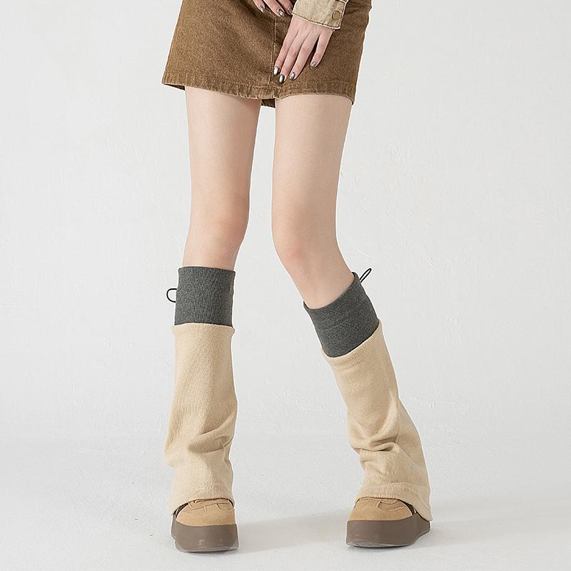 レッグカバー レディース ソックス 春秋冬 Y2K サブカル レトロ レッグウォーマー パイルソックス ドローストリング 美脚 細見え ミドル丈 ベージュ ブラック