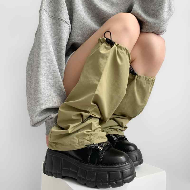 レッグカバー レディース ソックス Y2K サブカル レッグウォーマー パイルソックス ドローストリング 美脚 細見え ミドル丈 ブラック ホワイト グレー