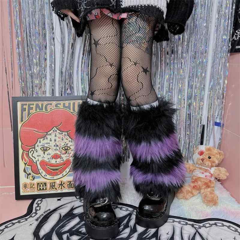 レッグカバー レディース ソックス Y2K サブカル レッグウォーマー ふわふわ もこもこ 保温 パープル イエロー