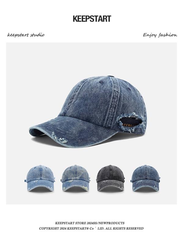 キャップ 帽子 メンズ レディース Y2K アメリカン カジュアル ストリート レトロ 無地 ベースボールキャップ デニム 小顔効果 ウォッシュド ダメージ加工 ダックビル 大きめサイズ ブルー ブラック(4)