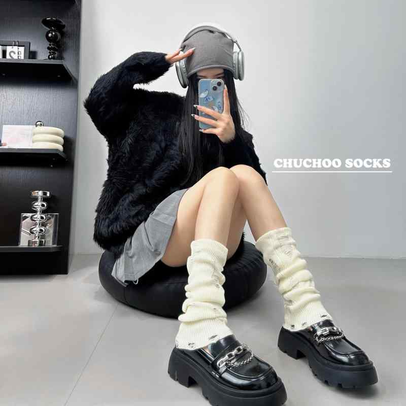 レッグカバー レディース Y2K JK サブカル レッグウォーマー ニットソックス ダメージ加工 ミドル丈 ブラック ホワイト