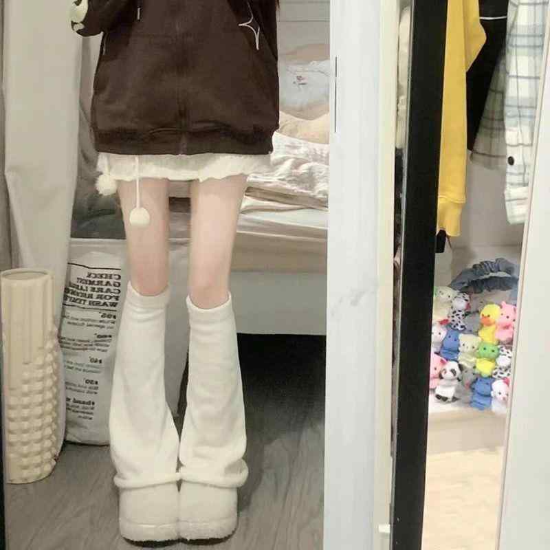 レッグカバー レディース ソックス 秋冬 Y2K サブカル レッグウォーマー パイルソックス ニットソックス ミドル 保温 ホワイト ブラック