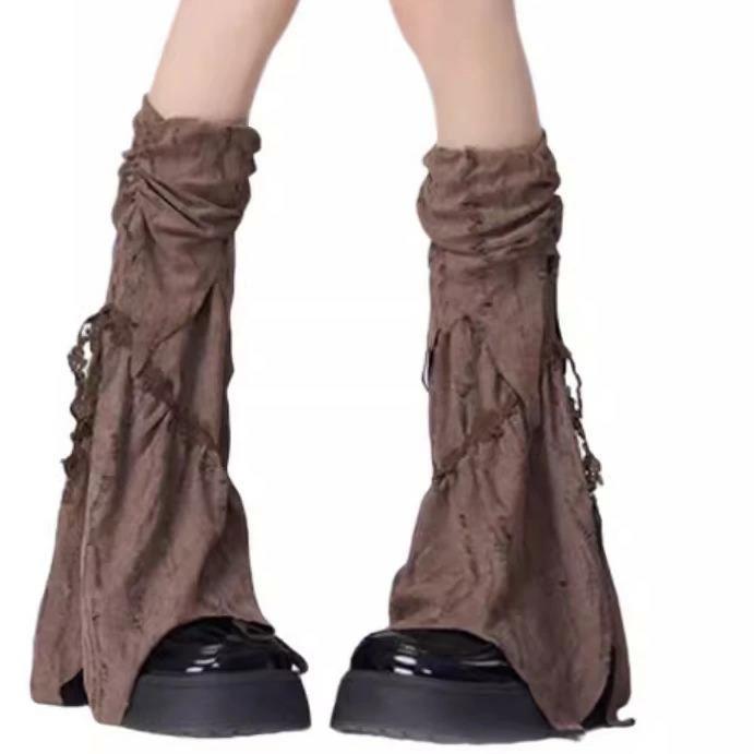 レッグカバー レディース Y2K サブカル レトロ グランジ レッグウォーマー ダメージ加工 美脚 細見え シェイプアップ ミドル丈 ブラウン
