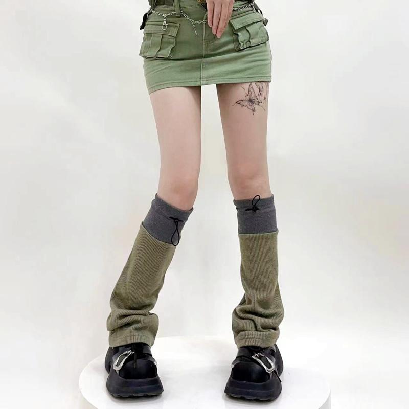 レッグカバー レディース ソックス 秋冬 Y2K サブカル ドローストリング ワイド コントラストカラー JK パイル グリーン ブラック(4)