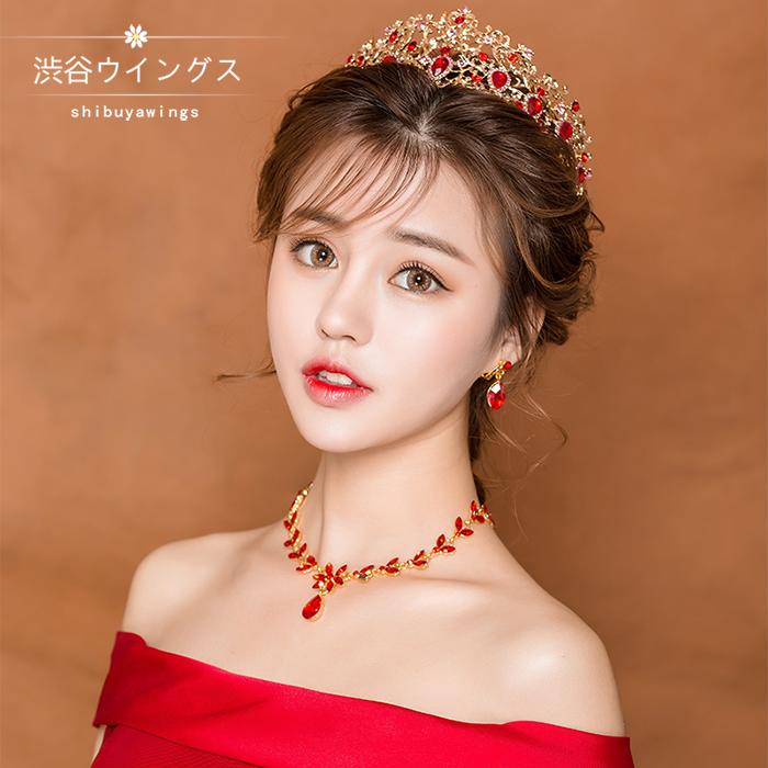 ティアラ クラウン ネックレス ピアス イヤリング 3点セット 髪飾り 花嫁 ヘッドドレス パーティー 結..