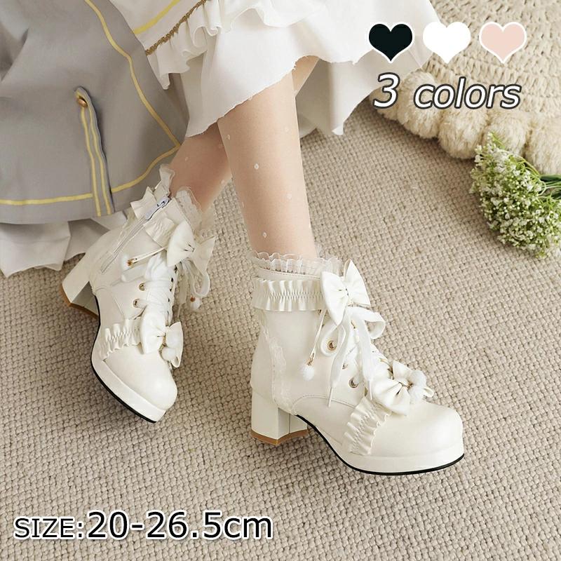 ムートンブーツ ホワイト ブラック ピンク ショートブーツ ロリータブーツ ロリータ靴 甘い 可愛い ロリィタ レディース 大人 女の子 スノーブーツ ミドルブーツ リボン 蝶結び 裏ボア 暖かい 太めヒール 歩きやすい 防寒 防滑 通学 通勤 冬 日常 小さいサイズ 大きいサイズ