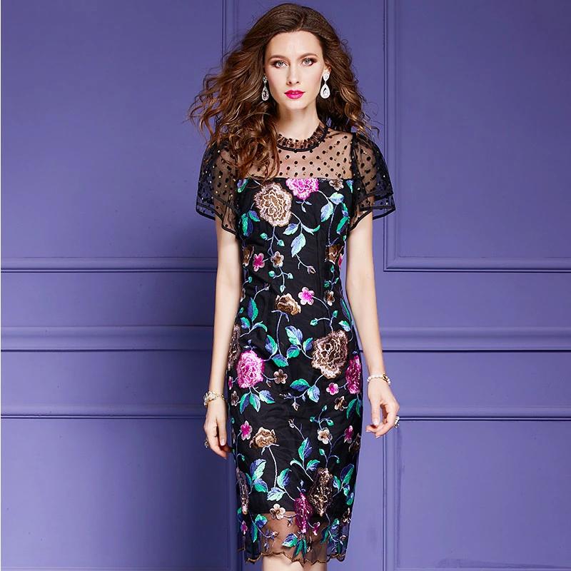 パーティドレス　♪セレブファッション　タイトワンピース　夏新作　半袖　贅沢な花柄刺?が彩る上品なワ..