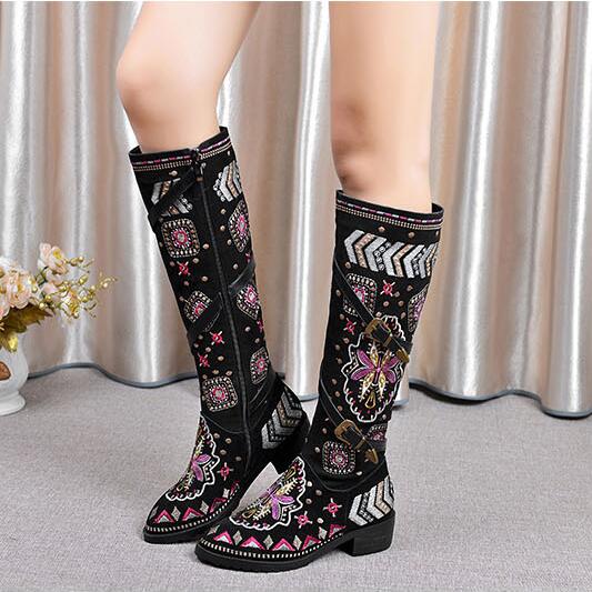 ♪レディースファッション ロングブーツ 二—ハイブーツ 刺繍 ビジュー 大人エレガント 結婚式 女子会 発表会 保護者会 演奏会 大きいサイズ 二次会 パーティー セレブ 女優 食事会 お呼ばれ 美脚【送料無料】(4)