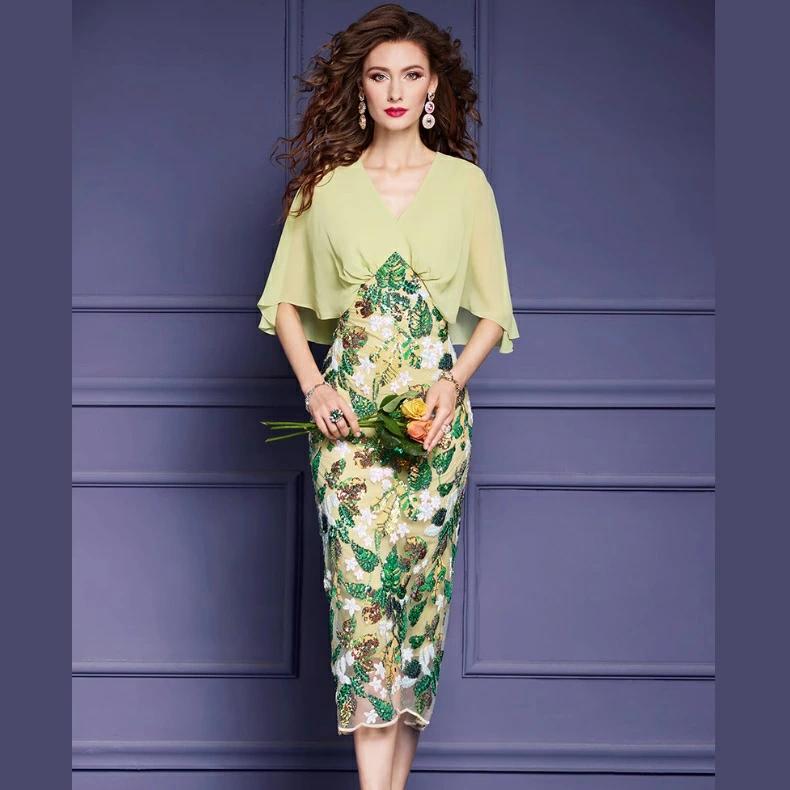 パーティドレス　♪セレブファッション　タイトワンピース　春夏新作　Vネック　切替　豪華なビジュー装..