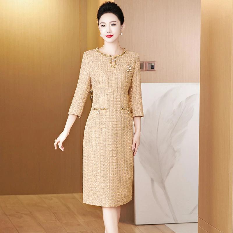 パーティドレス ♪セレブファッション タイトワンピース 春秋新作 七分袖 Vネック 豪華なビジュー装飾 スマート見えの優秀アイテム 他と被らない 大人エレガント 着痩 大きいサイズあり結婚式披露宴パーティードレス謝恩会上品優雅お呼ばれ飲み会OL【送料無料】