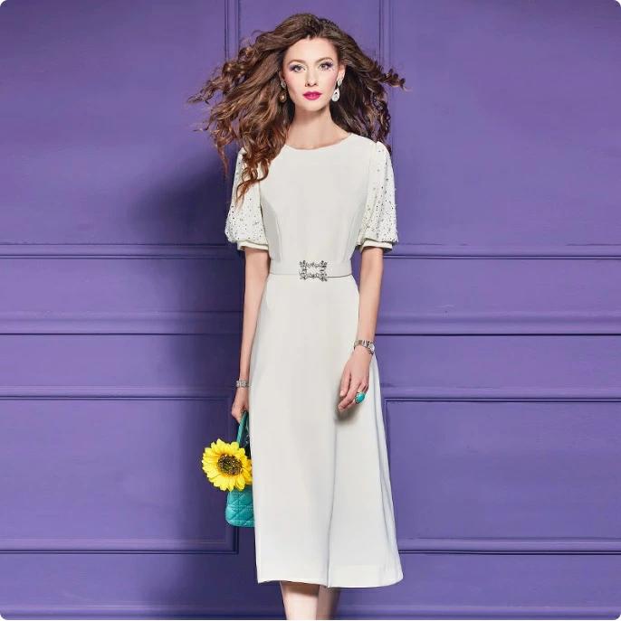 パーティドレス ♪セレブファッション Aラインワンピース 夏新作 半袖 豪華なビジュー装飾 ベルト付 クールにスタイリッシュに 他と被らない 大人エレガント 着痩 大きいサイズあり 結婚式 披露宴 パーティードレス謝恩会上品優雅お呼ばれ飲み会OL【送料無料】