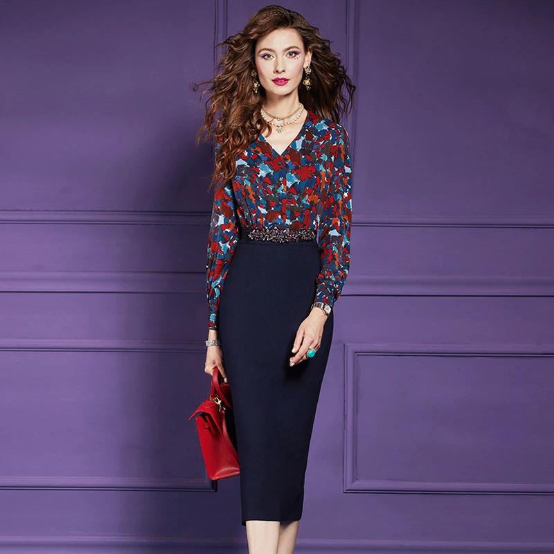 パーティドレス ♪セレブファッション タイトワンピース 春夏新作 長袖 Vネック 切替 ナチュラルな大人美人 他と被らない 大人エレガント 着痩 大きいサイズあり 結婚式 披露宴 パーティードレス 謝恩会 上品 優雅 お呼ばれ OL【送料無料】