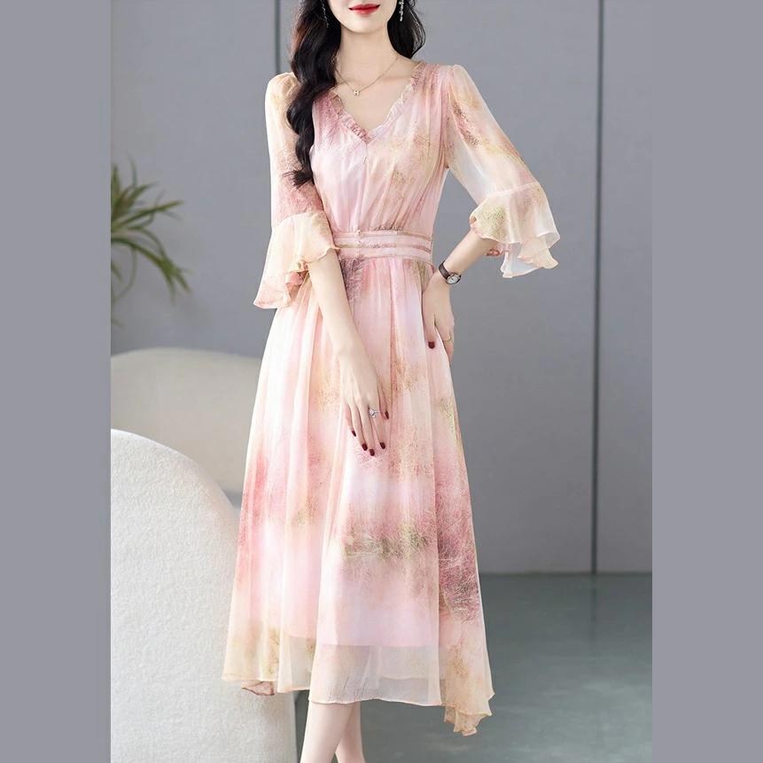 パーティドレス ♪セレブファッション 100%シルク！Aラインワンピース 夏新作 七分袖 プリント 高級素材 ナチュラルな大人美人 他と被らない 大人エレガント 着痩 大きいサイズあり 結婚式 披露宴 パーティードレス謝恩会上品優雅お呼ばれ飲み会OL【送料無料】