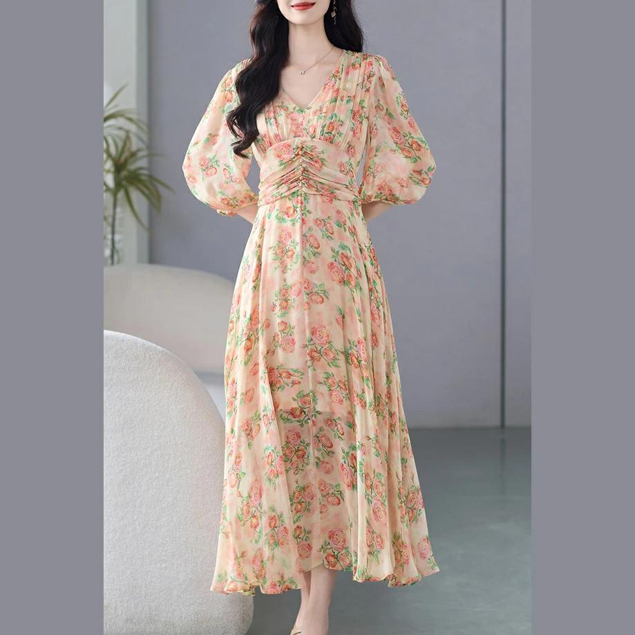 パーティドレス ♪セレブファッション 100%シルク！Aラインワンピース 夏新作 七分袖 Vネック 花柄プリント 高級素材 ナチュラルな大人美人他と被らない大人エレガント着痩大きいサイズあり結婚式披露宴パーティードレス謝恩会上品優雅お呼ばれ飲み会OL【送料無料】