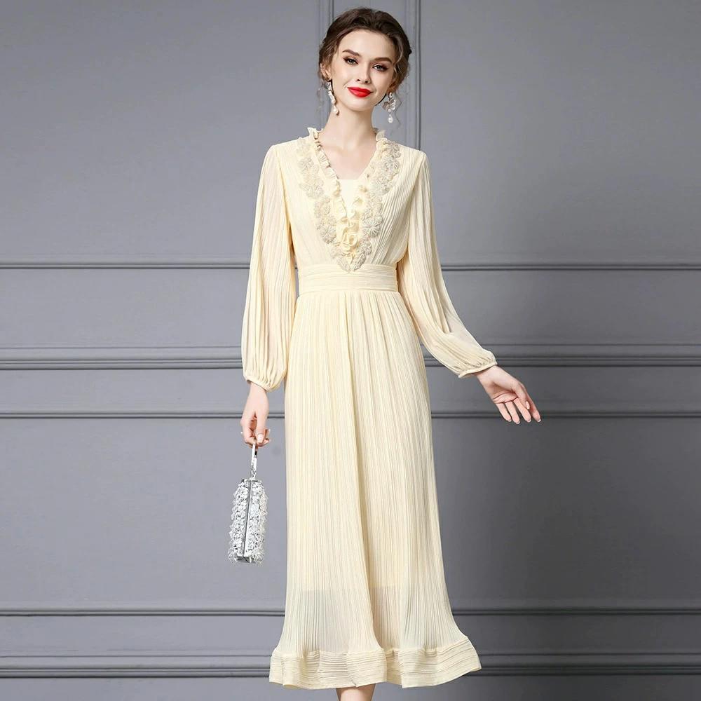 パーティドレス ♪セレブファッション Aラインワンピース 春秋新作 長袖 マキシ 贅沢なビジュー装飾 ナチュラルな大人美人 他と被らない 着痩 エレガント 大きいサイズあり 結婚式 披露宴 パーティードレス 謝恩会 上品 優雅 お呼ばれ飲み会OL【送料無料】