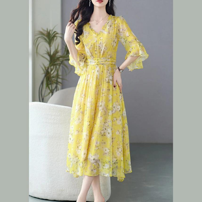 パーティドレス　♪セレブファッション　100%シルク！Aラインワンピース　夏新作　七分袖　Vネック　花柄プリント　高級素材　気品あふれる大人ワンピ　他と被らないエレガント着痩大きいサイズあり結婚式披露宴パーティードレス謝恩会上品優雅お呼ばれ飲み会OL【送料無料】(4)