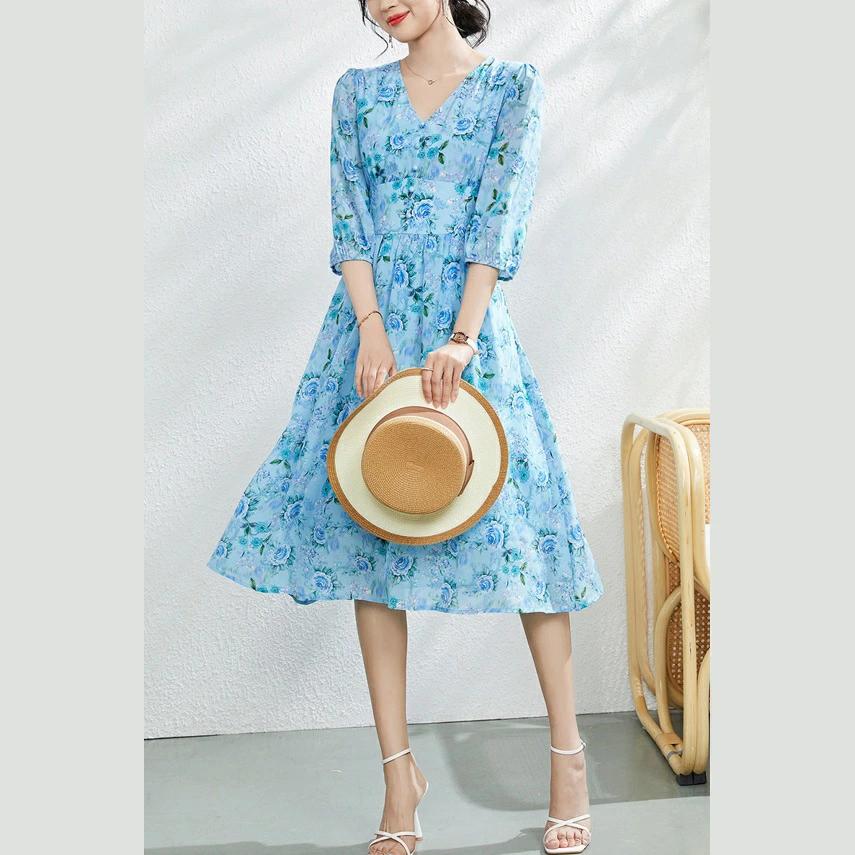 パーティドレス ♪セレブファッション 100%シルク！Aラインワンピース 夏新作 七分袖 Vネック花柄プリント高級素材スマート見えの優秀アイテム他と被らない大人エレガント着痩大きいサイズあり結婚式披露宴パーティードレス謝恩会上品優雅お呼ばれ飲み会OL【送料無料】