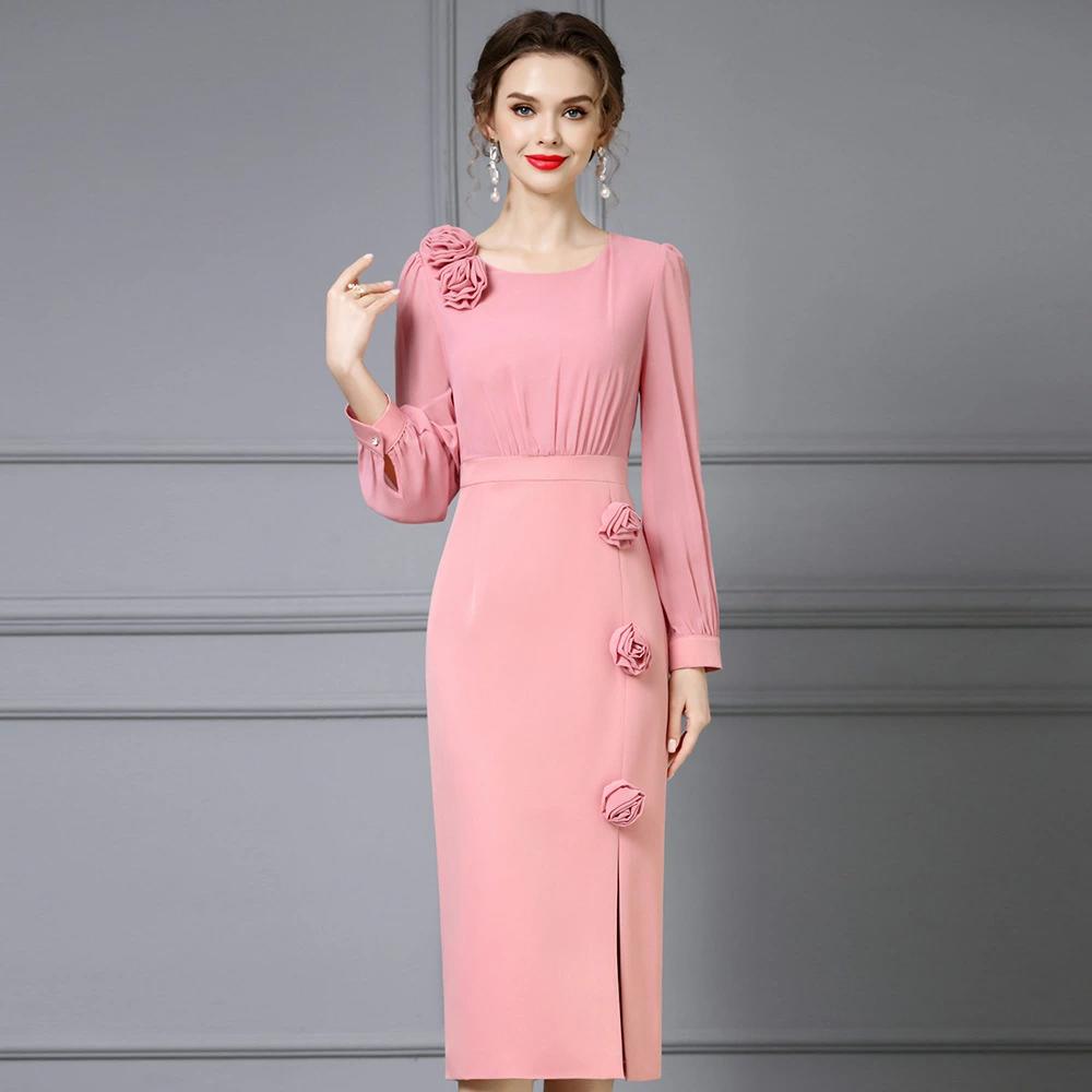 パーティドレス ♪セレブファッション タイトワンピース 春秋新作 長袖 切替 3Dフラワー装飾 クールにスタイリッシュに 他と被らない 大人エレガント 着痩 大きいサイズあり 結婚式 披露宴 パーティードレス 謝恩会 上品 優雅お呼ばれ飲み会OL【送料無料】