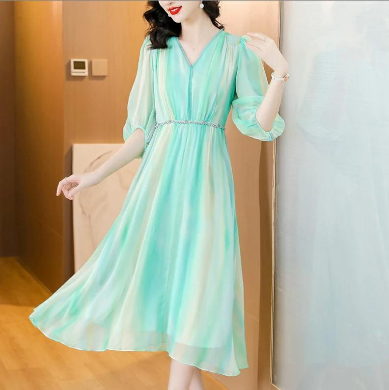 パーティドレス　♪セレブファッション　Aラインワンピース　夏新作　七分袖　Vネック　ビジュー装飾　..