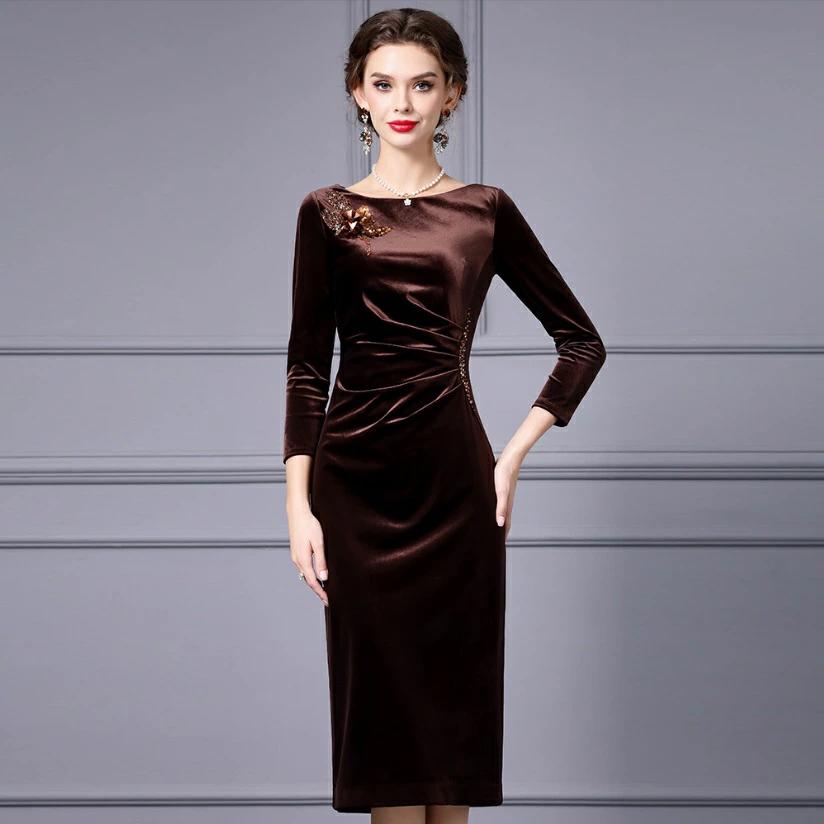 パーティドレス　♪セレブファッション　タイトワンピース　秋冬新作　長袖　マルネック　ベロア生地　..