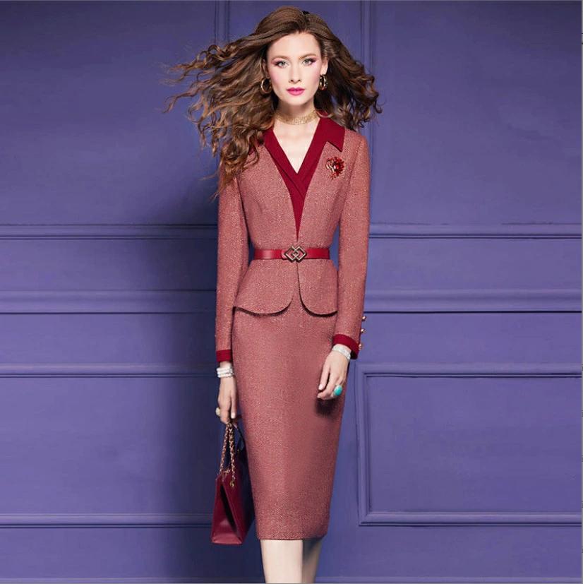 パーティドレス　♪セレブファッション　タイトワンピース　秋冬新作　長袖　Vネック　POLO襟　ベルト付..