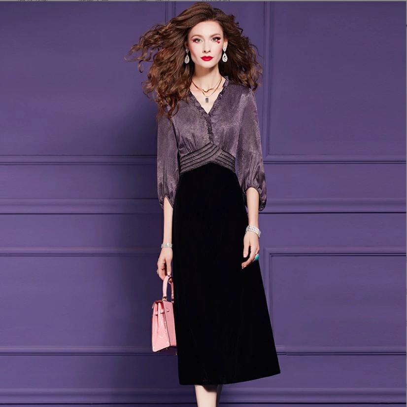 パーティドレス　♪セレブファッション　Aラインワンピース　秋冬新作　七分袖　Vネック　切替　シーン..