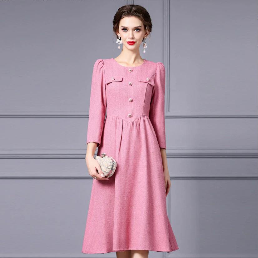 パーティドレス　♪セレブファッション　Aラインワンピース　秋冬新作　七分袖　マルネック　シーンを選..