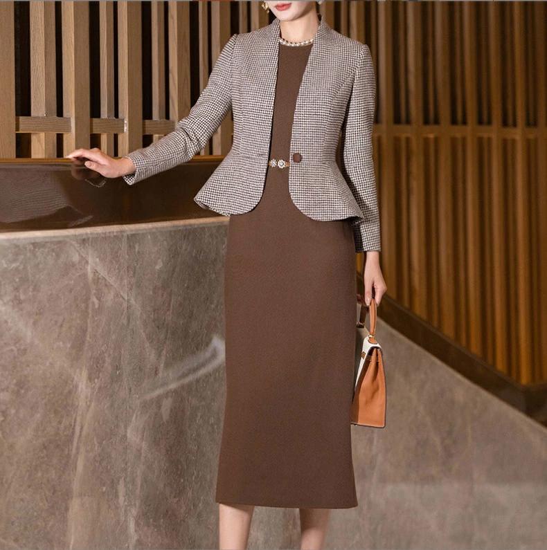 パーティドレス ♪セレブファッション ワンピーススーツ セットアップ 秋冬新作 長袖 千鳥格子 ウール ナチュラルな大人美人 他と被らない 大人エレガント 着痩 大きいサイズあり 結婚式 披露宴 パーティードレス 謝恩会 上品 優雅 OL【送料無料】