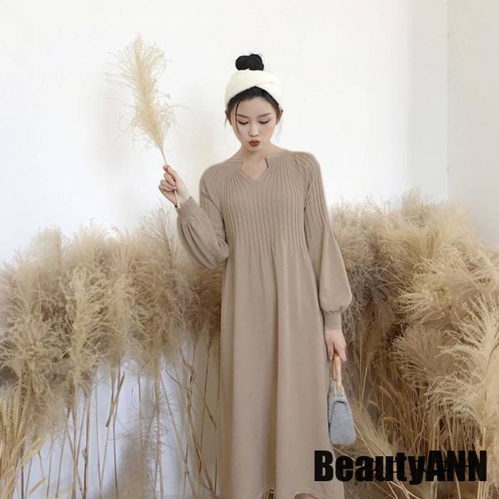 秋 マキシワンピース ロングワンピース Vネック 秋 夏 春 プリーツ レディース ワンピース ニット リ ニットワンピース