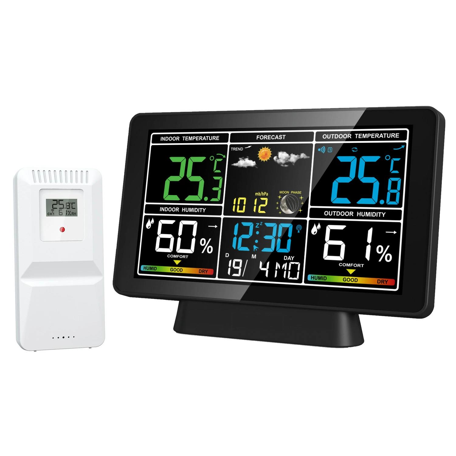 ウェザーステーション屋内 屋外ワイヤレス温度計温度と湿度モニター原子時計と調整可能なバックライト付き7.5インチカラースクリーン気圧計ムーンフェイズ付き天気予報時計