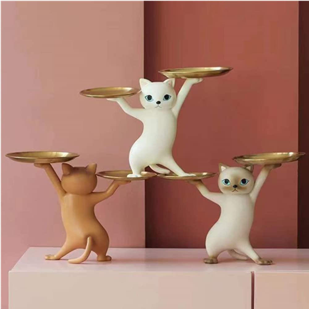 玄関収納 キー収納 猫トレイ 小物収納 卓上置物 動物像 玄関装飾 樹脂製収納 猫の彫刻 鍵置き コイン収..