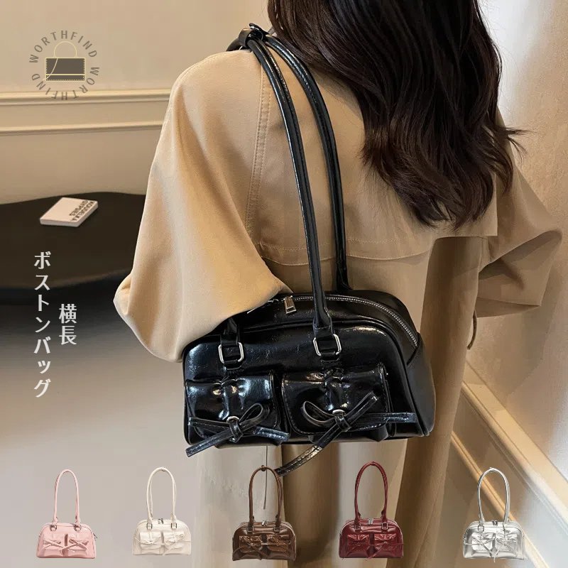 レディース ハンドバッグ ショルダーバッグ おしゃれ 肩掛け 軽量 puレザー 通勤 通学 大容量 バッグ y2k かわいい 手提げ トートバッグ カジュアル ブラック 小さめ ファッション ショルダー ダブルポケット ミニボストンバッグ ボストン トレンド 無地 ボストンバッグ 韓国(4)