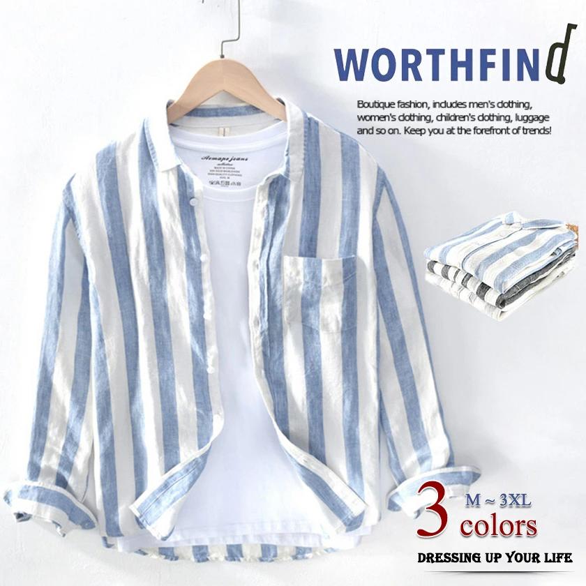 リネンシャツ ストライプ シャツ カジュアルシャツ 長袖 シャツ メンズ レディース レギュラーカラー ..